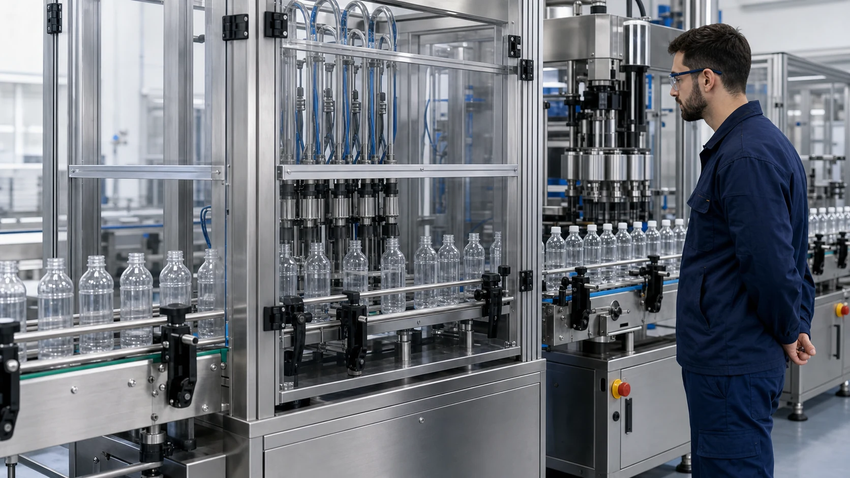 Bottles moving through conveyor, filling and capping stations during a line compatibility check