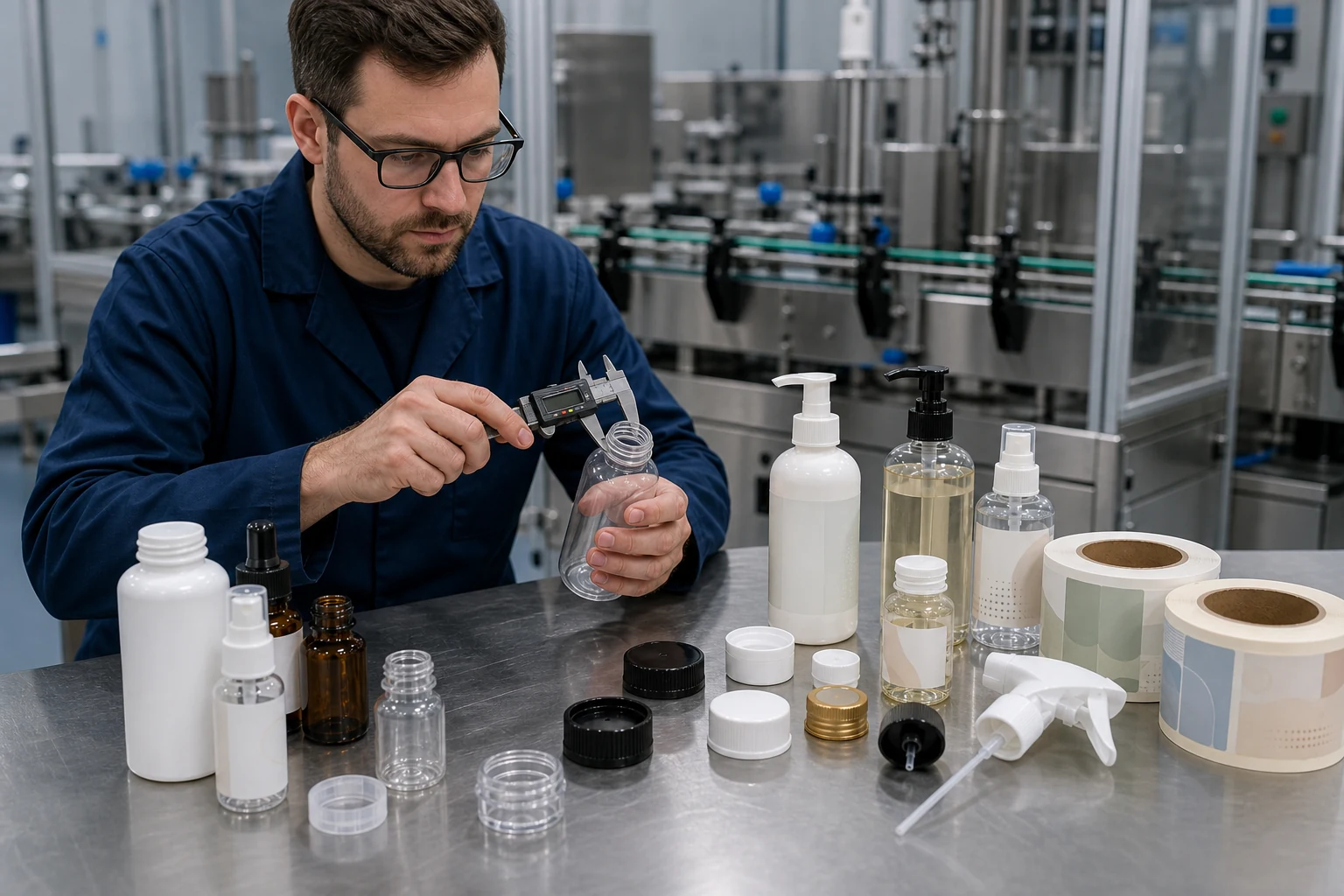 Engineer comparing bottle neck, cap and label samples before a packaging line trial