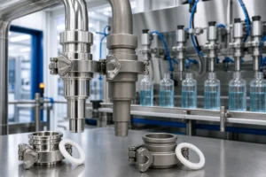 Illustrative comparison of 316L stainless steel and titanium wetted parts beside a liquid filling line