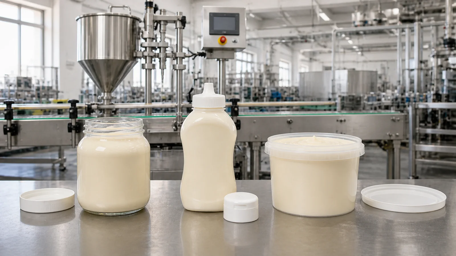 Mayonnaise packaged in a glass jar, squeeze bottle, and plastic tub beside filling equipment