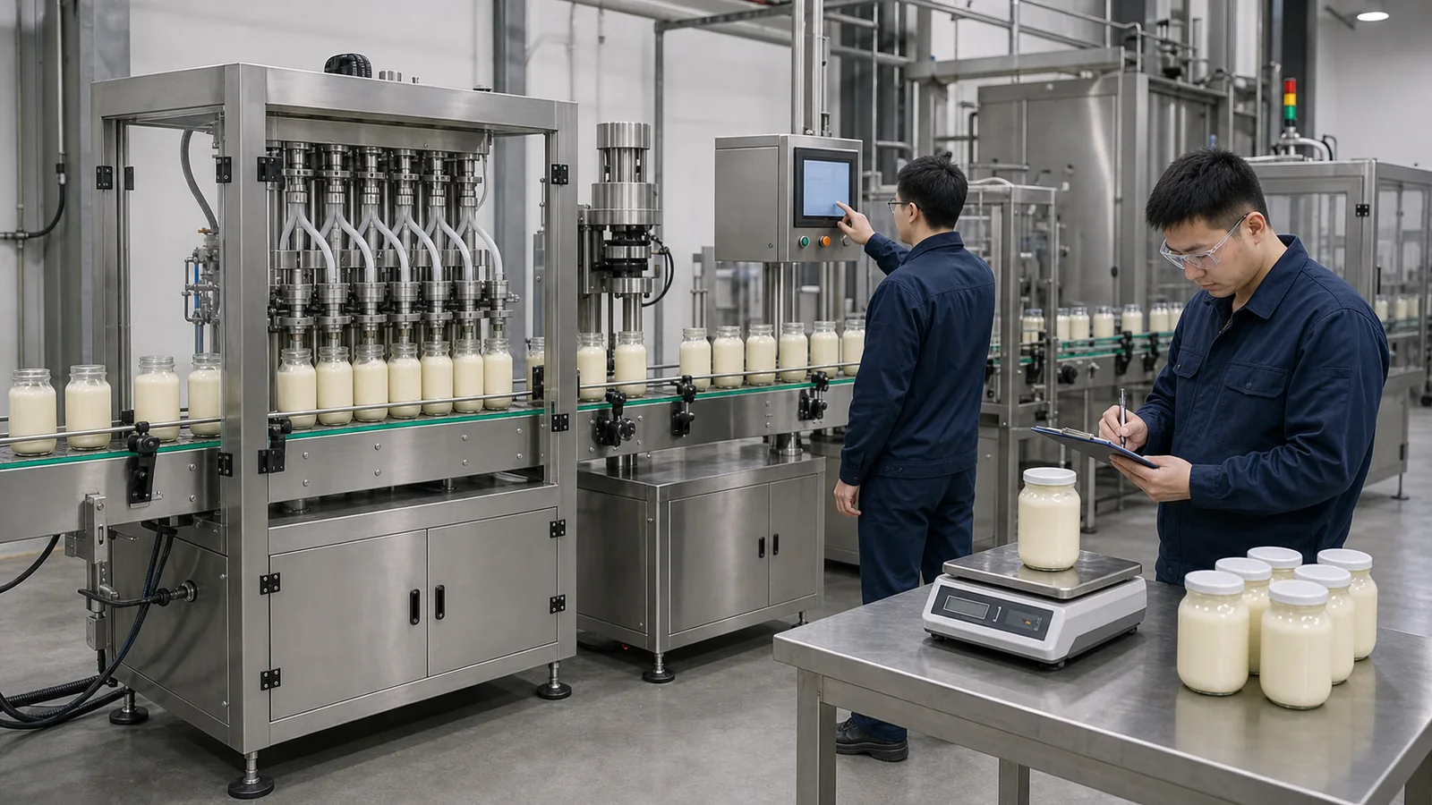 Technicians checking mayonnaise jars during a filling line factory acceptance test