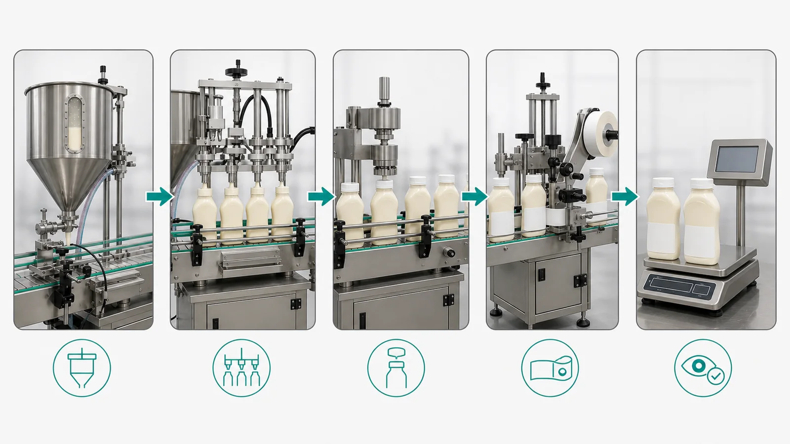 Mayonnaise filling line flow from product feed through filling, capping, labeling, and quality check
