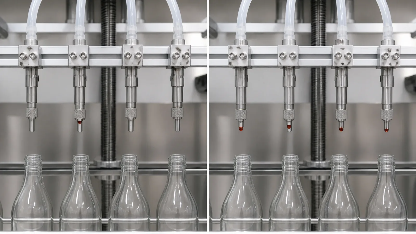 Comparison showing one sauce filling nozzle dripping versus all filling nozzles dripping
