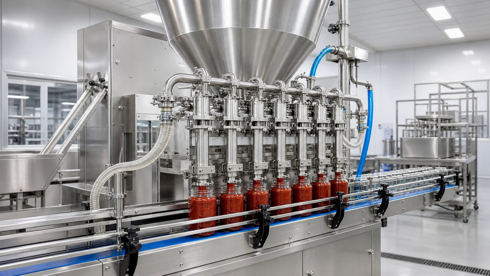 Multi-head piston filling machine dispensing thick sauce into glass jars