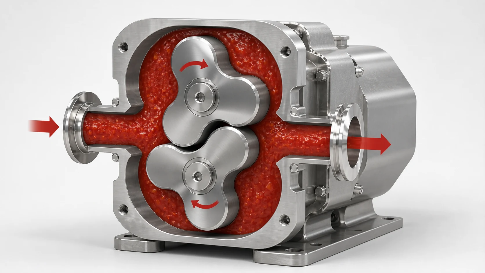 Rotary lobe pump cutaway showing sauce flow around two non-contact rotors