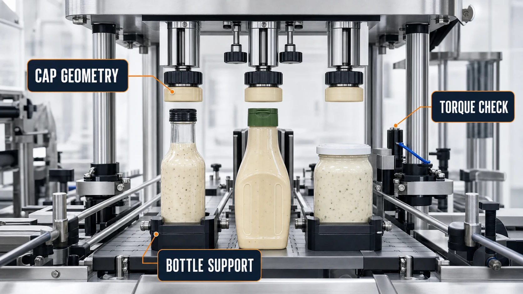 Capping checks for salad dressing bottles including cap geometry bottle support and torque review