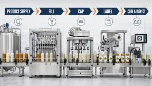 Salad dressing filling line flow from product supply through filling capping labeling coding and inspection