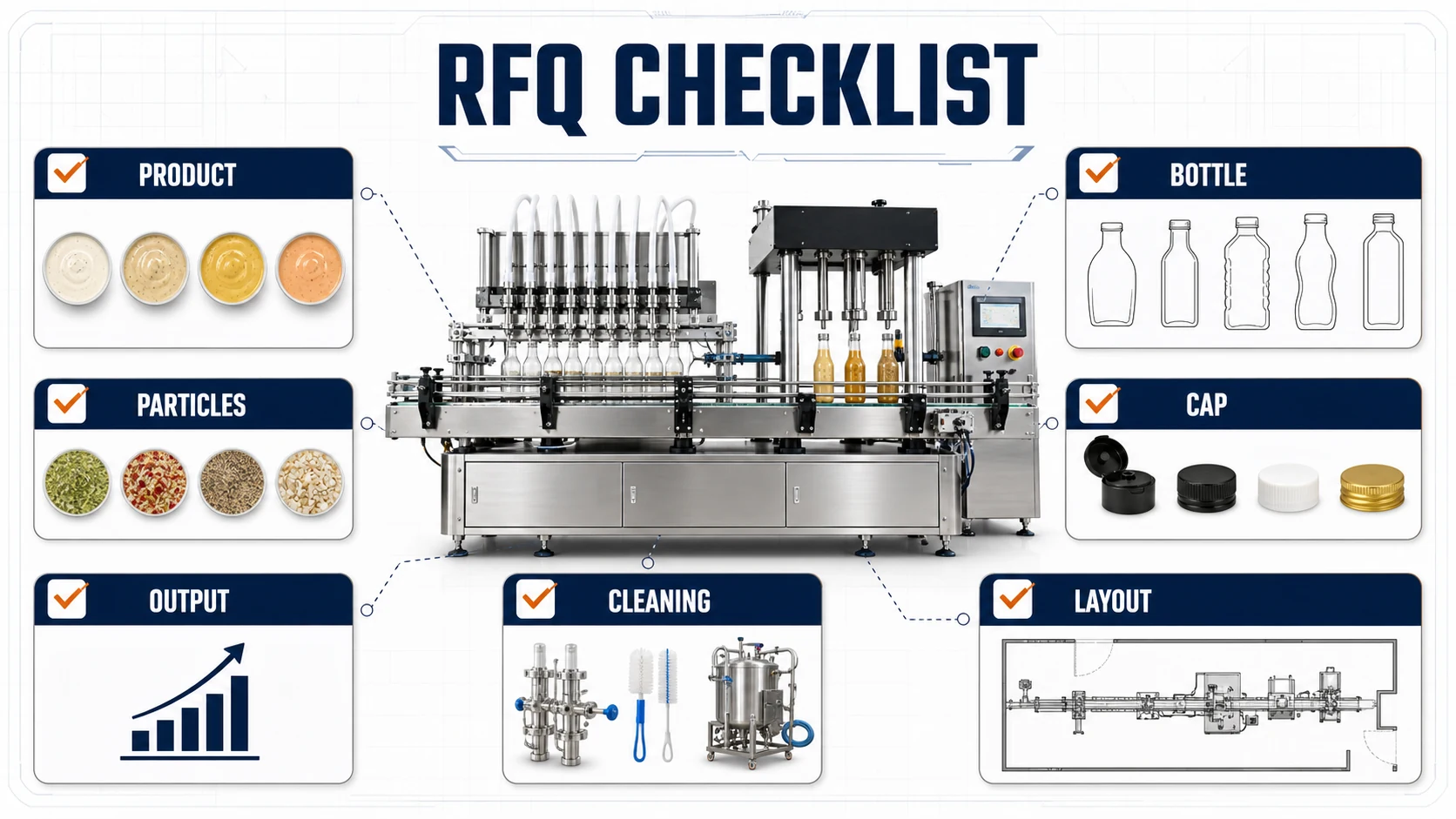 RFQ checklist for salad dressing product particles bottle cap output cleaning and layout details