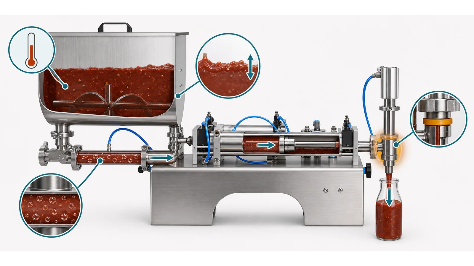 Cutaway process diagram showing sauce moving from the hopper through the dosing path to the filling nozzle.