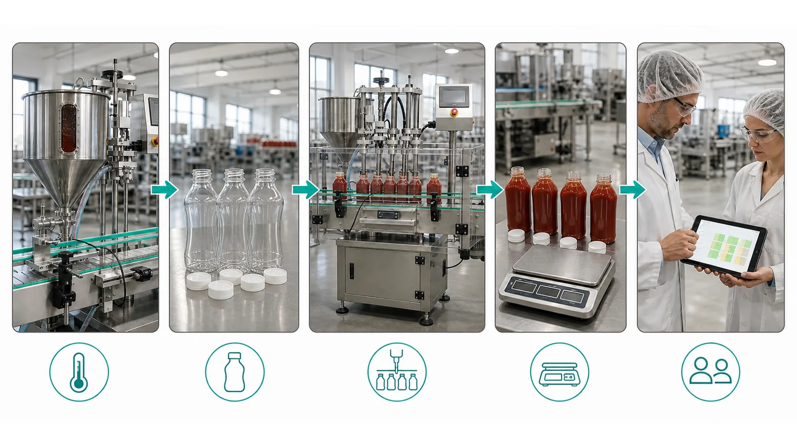 Process illustration of a sauce filler FAT from controlled product conditions to head-by-head net-weight review.