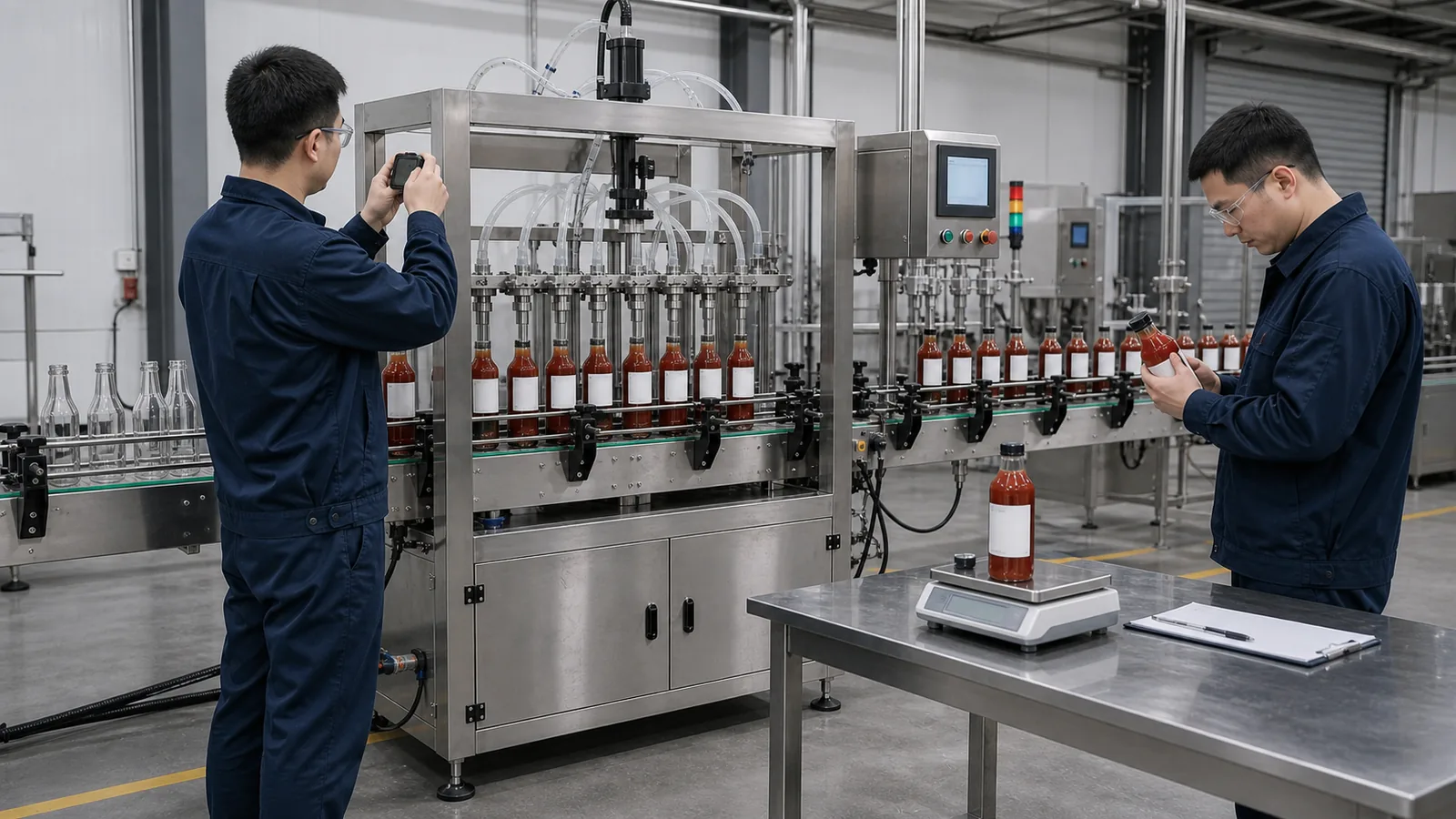 Technicians checking sauce bottles, nozzle behavior and fill weight during factory acceptance testing