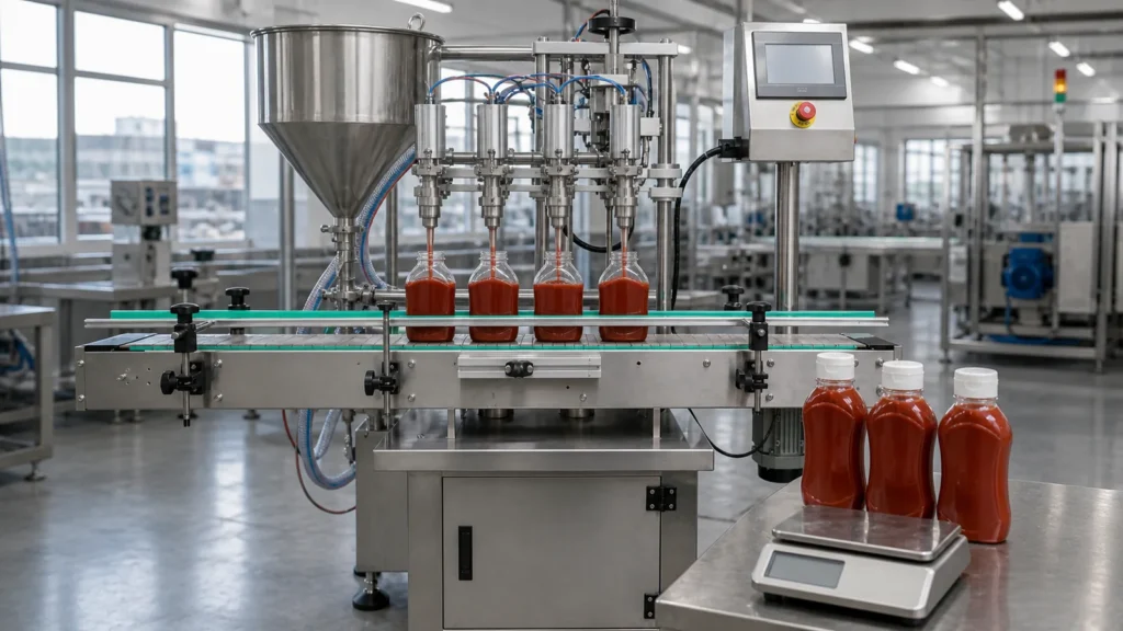 Illustration of a multi-head sauce filling machine beside a net-weight inspection station.