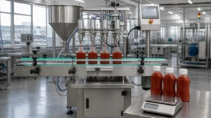 Illustration of a multi-head sauce filling machine beside a net-weight inspection station.
