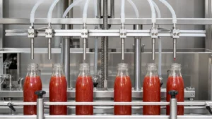 Sauce filling nozzles above glass bottles with one small tomato sauce drip after shutoff