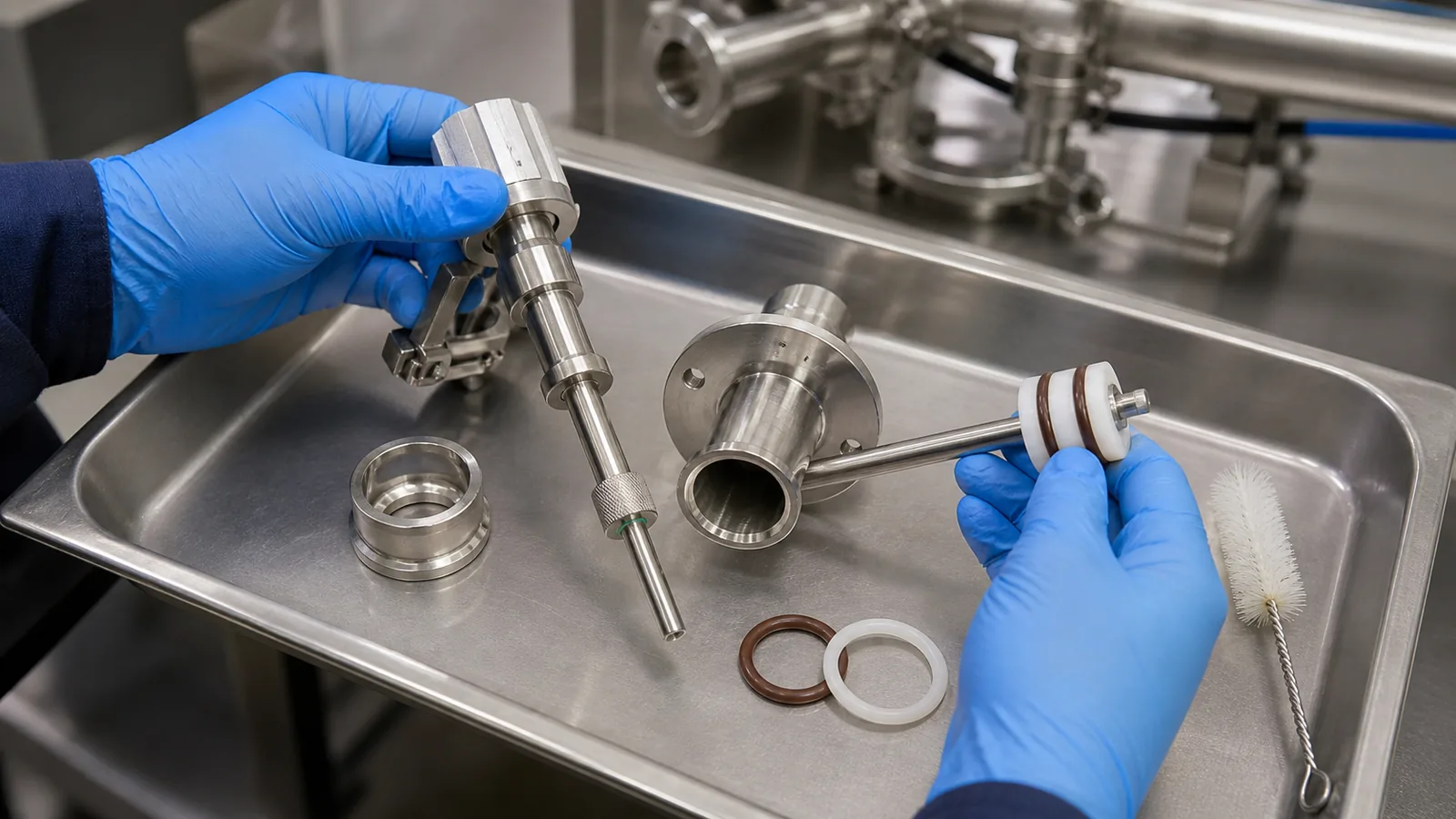 Technician inspecting sauce filling nozzle shutoff parts and seals on a sanitary tray