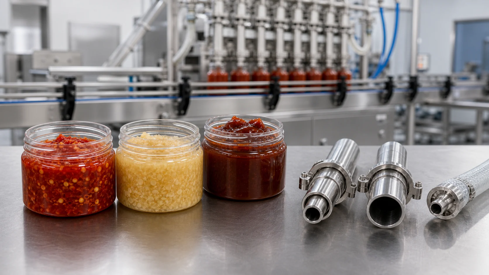 Sauce samples with particles beside sanitary filling nozzles