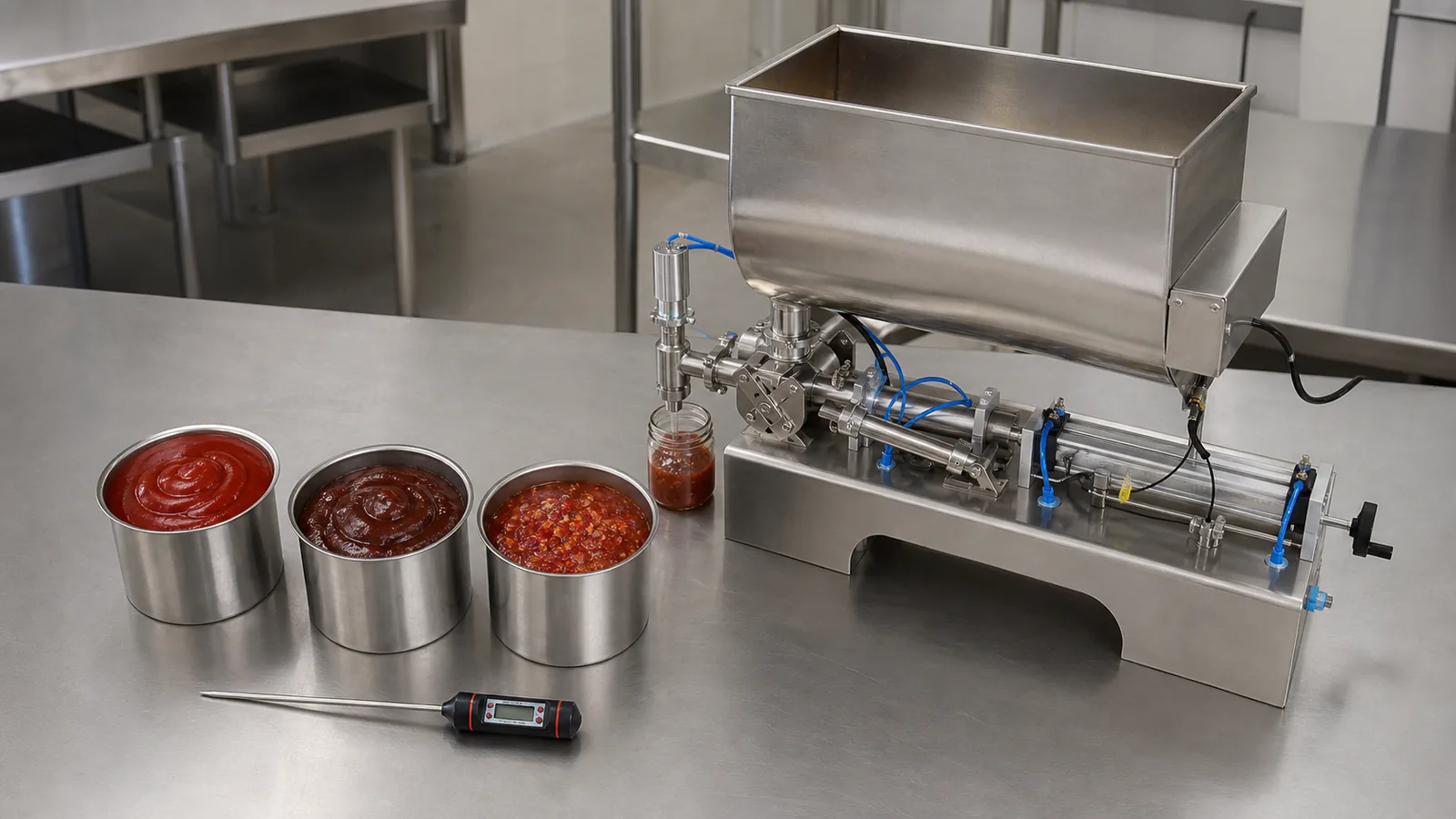 Smooth ketchup, thick barbecue sauce and chunky chili sauce samples beside a piston filling machine