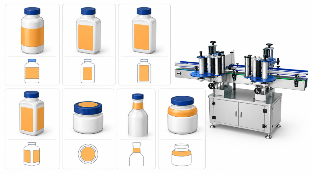 Bottle label positions including wrap-around, front, back, neck and top labelling