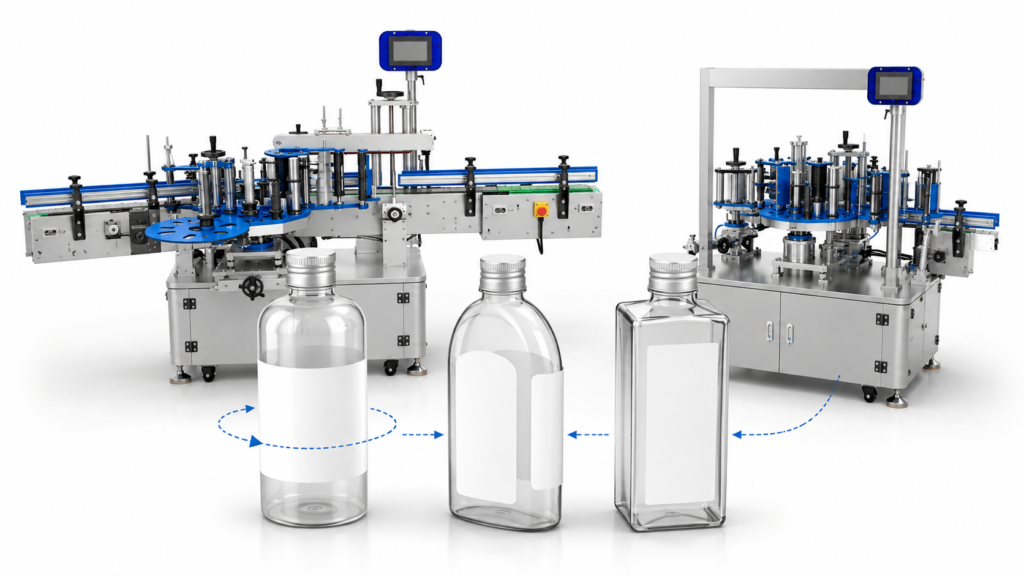 Bottle labelling machine types compared by bottle shape and label application
