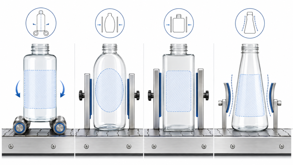 Round, oval, square and tapered bottles for labelling-machine selection