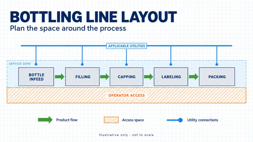 Bottling line layout schematic separating product flow, operator access, service space and applicable utilities