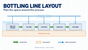 Bottling line layout schematic separating product flow, operator access, service space and applicable utilities