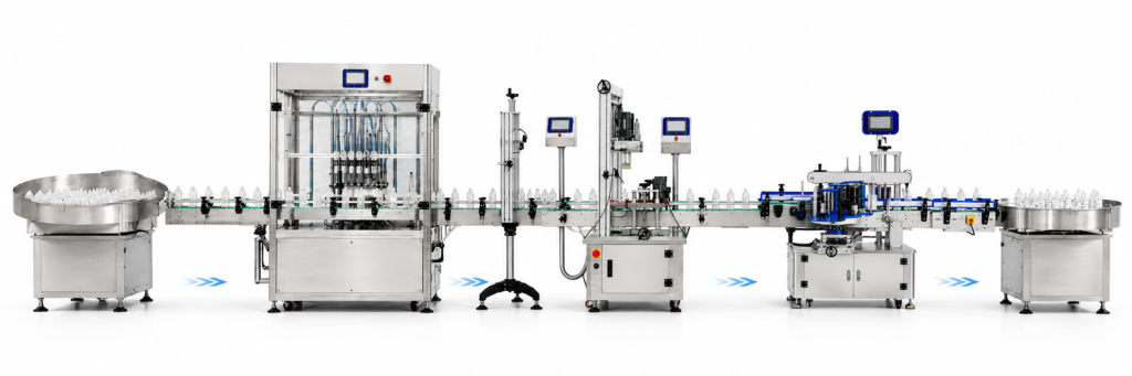 Bottle filling, capping and labelling machines integrated on one packaging line