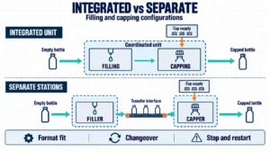 Engineering diagram comparing a coordinated filling-capping unit with separate filler and capper stations
