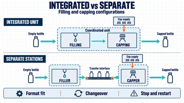 Engineering diagram comparing a coordinated filling-capping unit with separate filler and capper stations