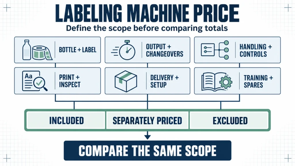 Labeling machine price flowchart covering specifications, integration, delivery and support before comparing quote totals.