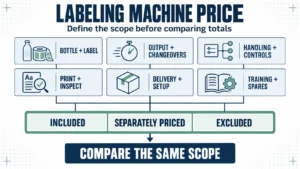 Labeling machine price flowchart covering specifications, integration, delivery and support before comparing quote totals.