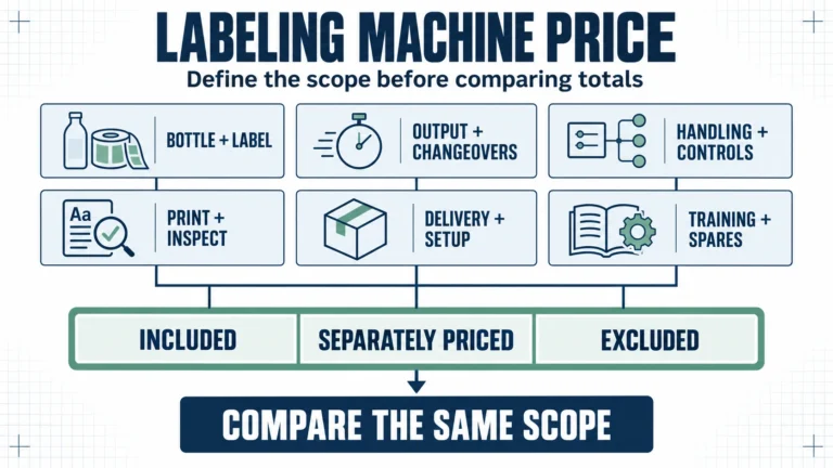 Labeling machine price flowchart covering specifications, integration, delivery and support before comparing quote totals.