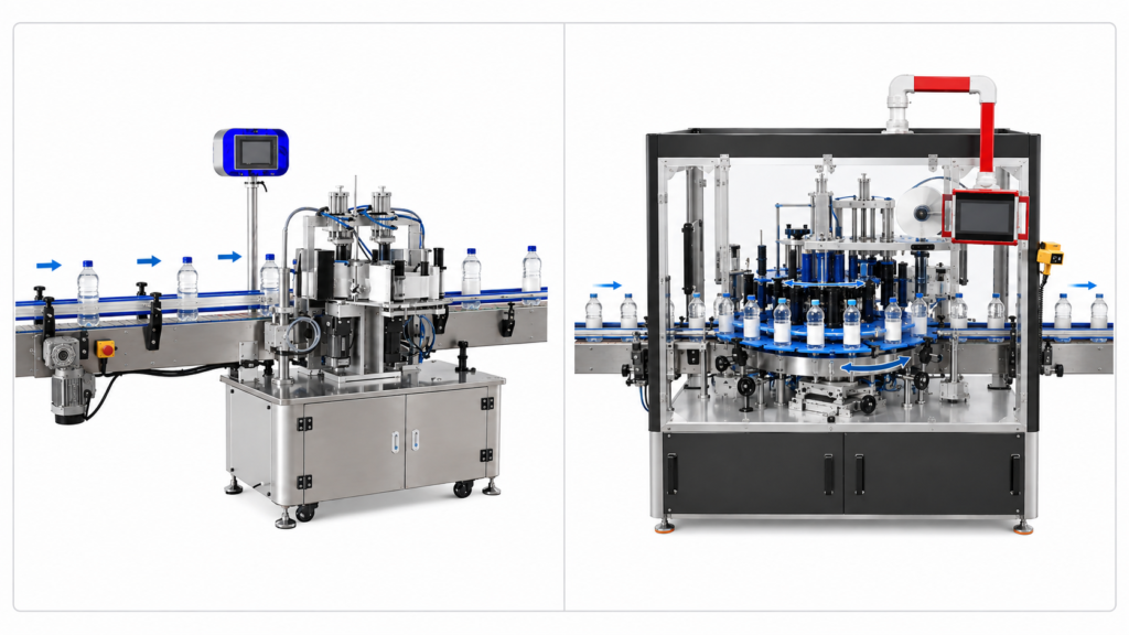 Linear and rotary bottle labeller layouts compared