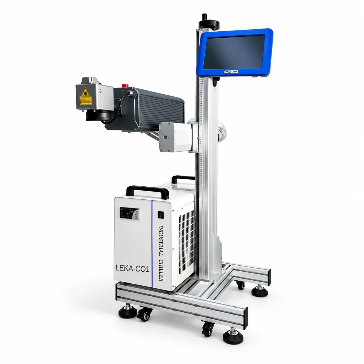 LEKA-CO1 coding machine with a marking head, touchscreen, and chiller on a wheeled stand