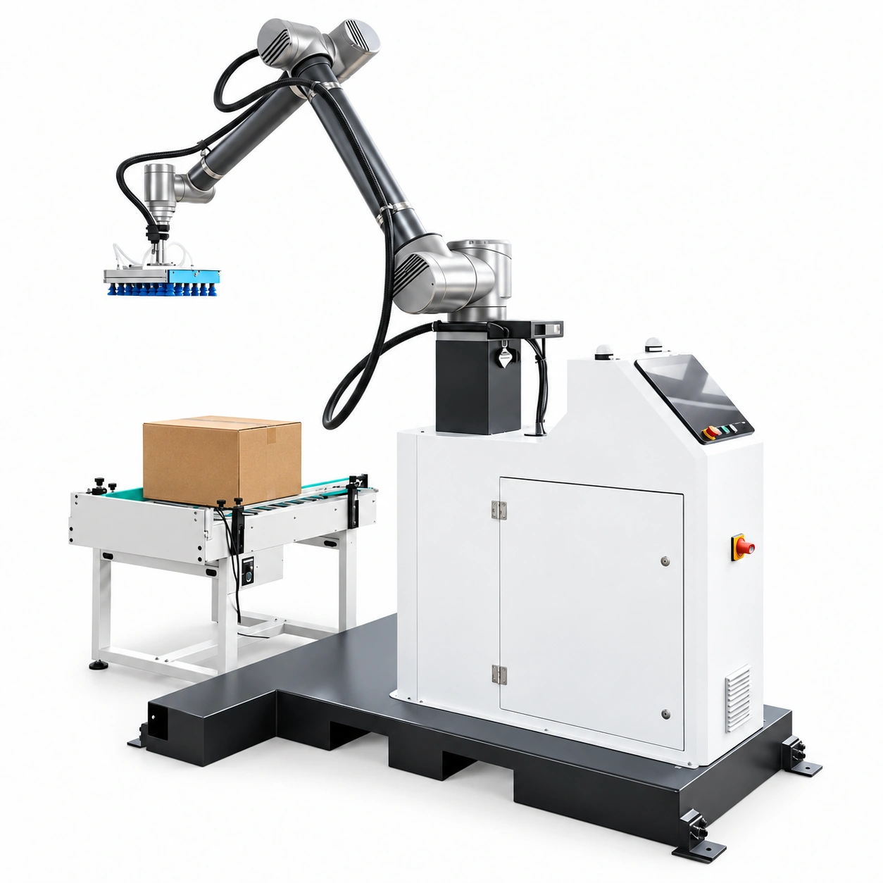 Automatic case packing robot with a suction gripper over a carton on a conveyor