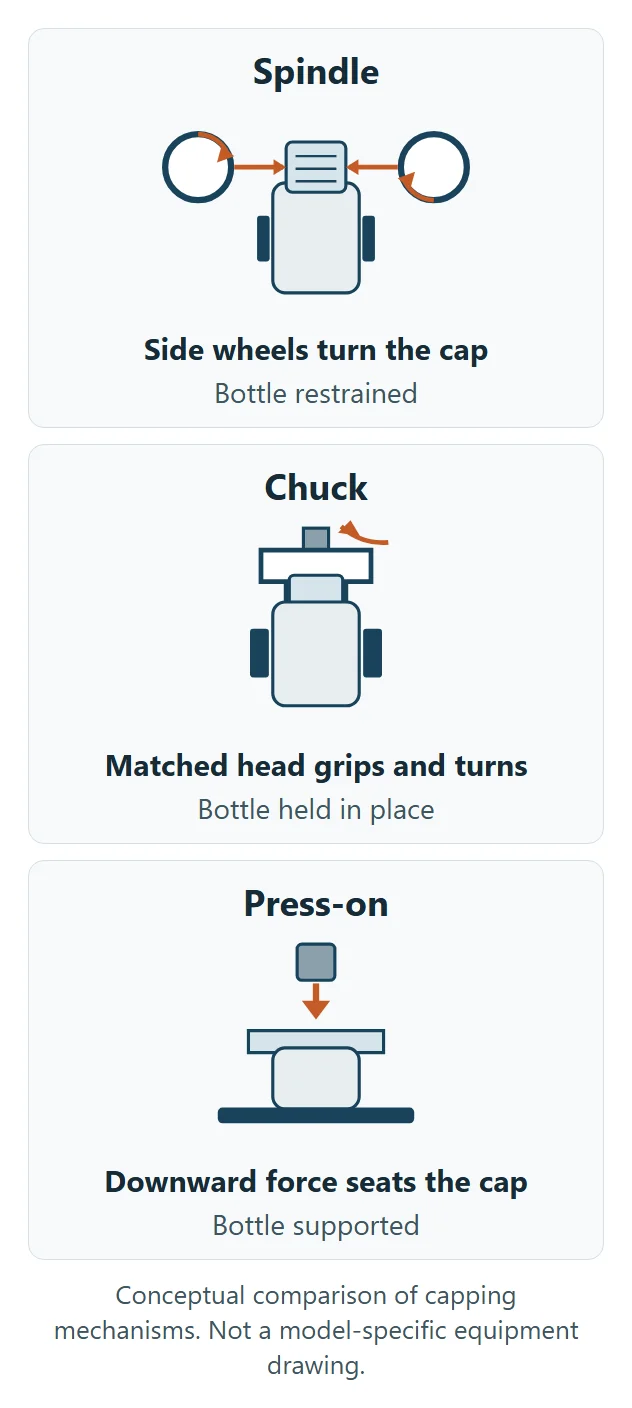 Conceptual comparison of spindle wheels, a chuck head, and press-on seating