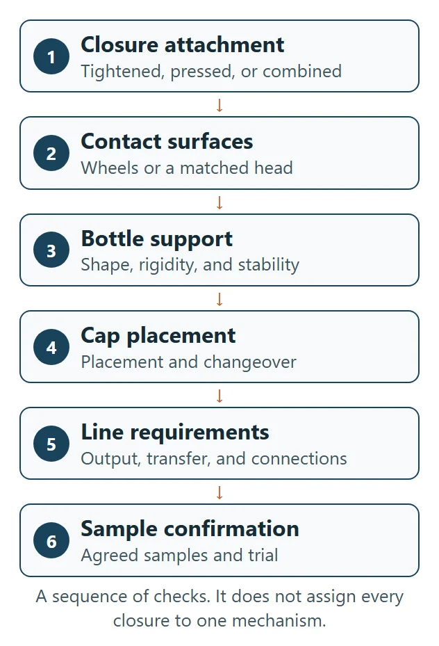 Six checks for choosing a capping mechanism, from closure attachment to sample confirmation