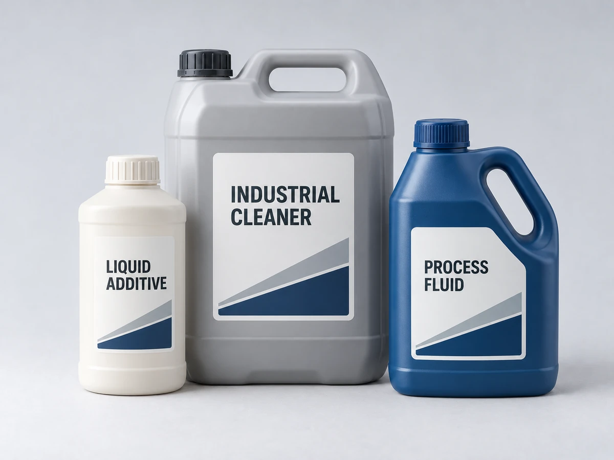 Product illustration of an additive bottle, a jerrycan with a handle, and a process-fluid jug