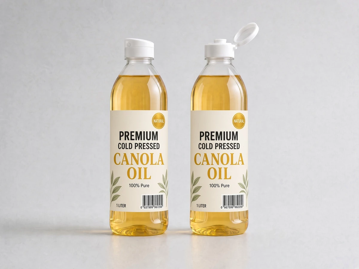 Product illustration of two cooking-oil bottles, one with an open flip cap
