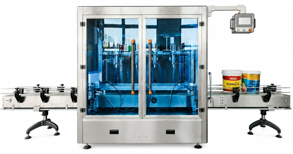 Automatic liquid filling machine with a guarded cabinet, side conveyors, and a side control panel