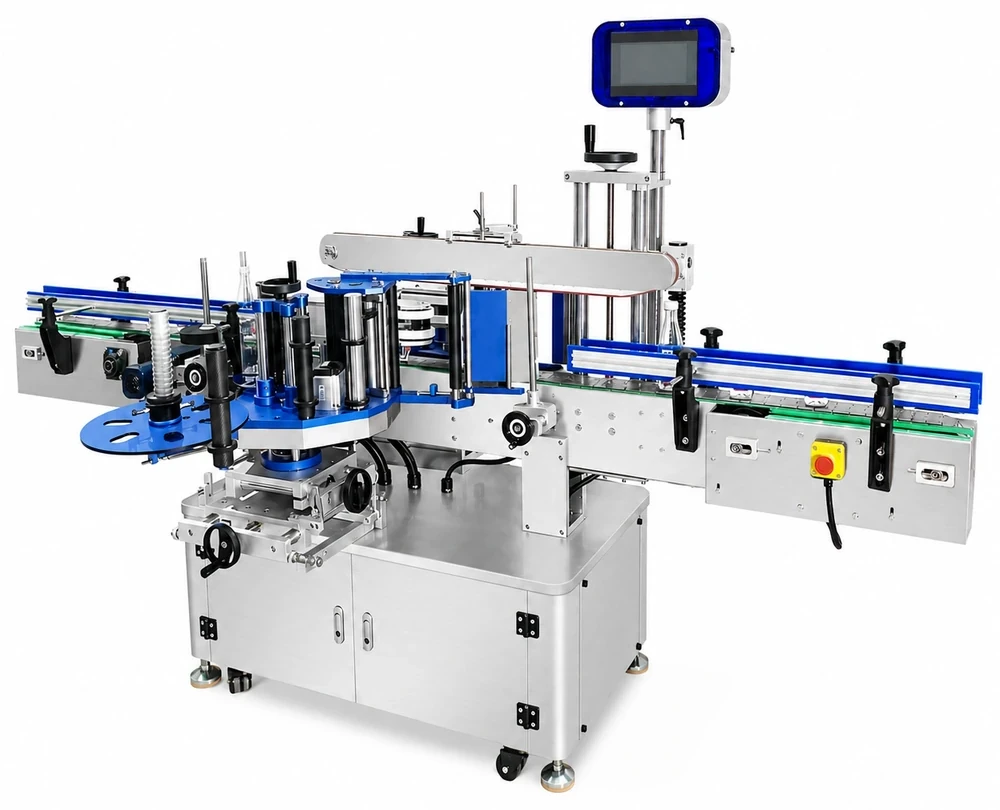 Automatic labeling machine with a touchscreen, label head, and infeed and outfeed conveyors