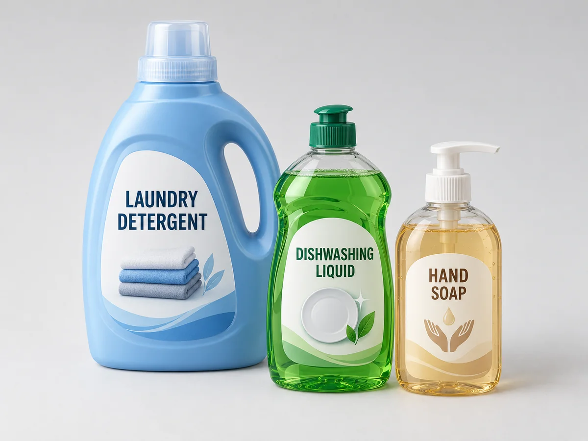 Product illustration of a laundry detergent jug, a dishwashing-liquid bottle, and a hand-soap pump