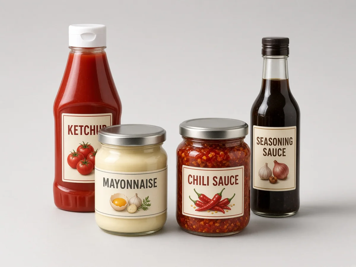 Product illustration of ketchup, mayonnaise, chili sauce, and seasoning sauce bottles