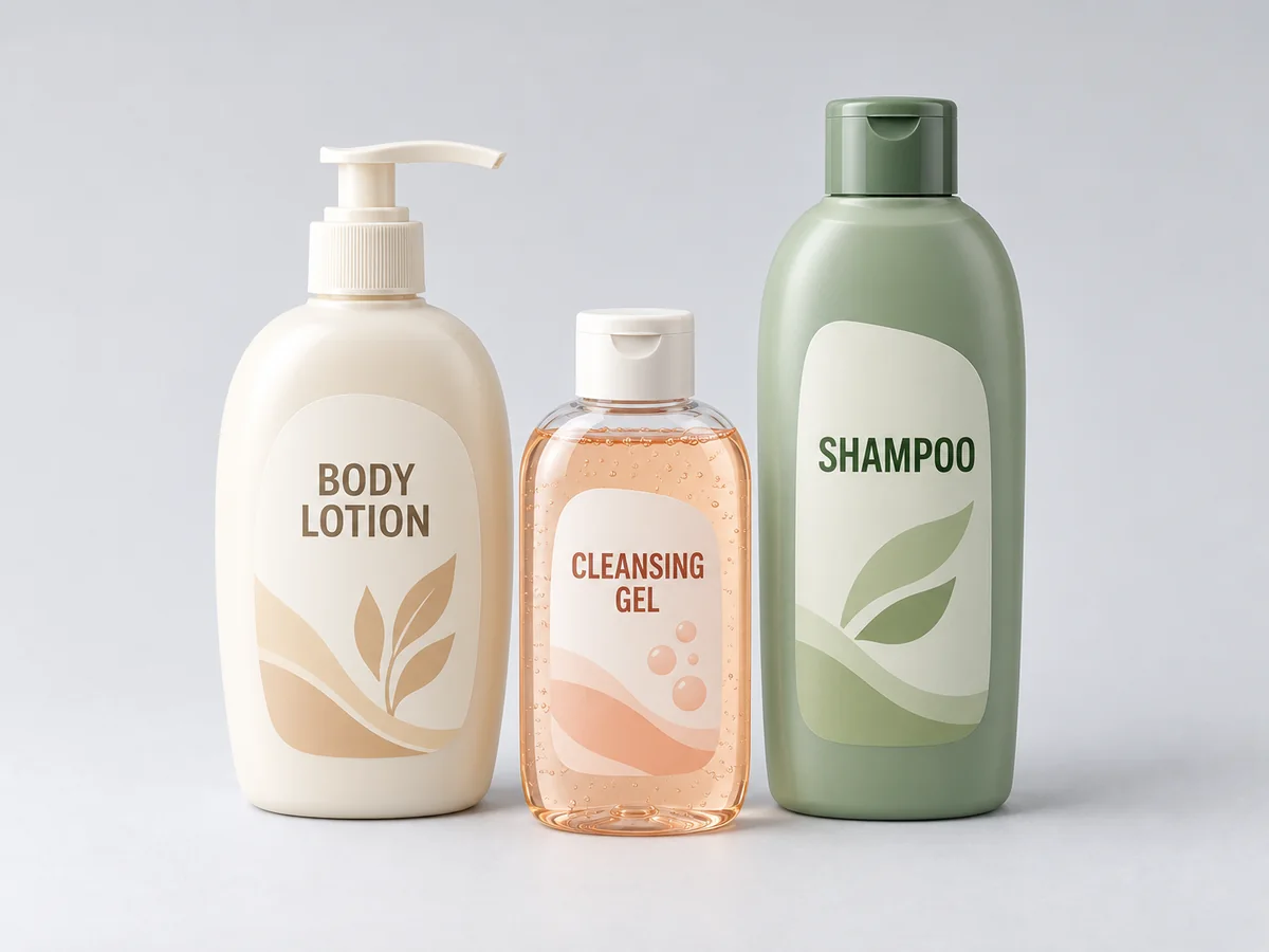 Product illustration of pump bottles for body lotion, cleansing gel, and shampoo